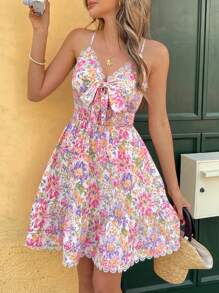 SHEIN VCAY 女式休闲碎花细肩带迷你连衣裙、夏季度假花卉印花连衣裙、沙滩装 - 彩色 - 查看 3