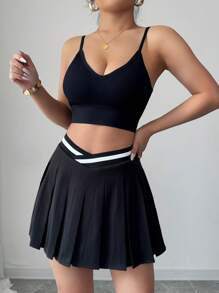 SHEIN ChicEase 运动风高腰百褶短裙防走光 - 黑色 - 查看 3