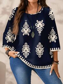EMERY ROSE Plus Size Women Floral Retro Print Casual Loose Fit Three Quarter Sleeve Round Neck Shirt, Autumn/Winter