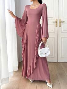 Modelyn Women's Long Ruffled Bell Sleeve Elastic Elegant Romantic Mesh Dress