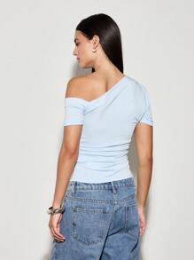 AiiRZ Off Shoulder Ruched T-Shirt Fitted Short Sleeve Summer Spring Top Casual Classic Essential Basic Minimalist - Baby Blue - View 2