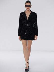 Aveloria Modichic Women's Elegant Waist Cinched Hybrid Material Patchwork Collar Cinched Waist Long Sleeve Sequins Velvet Party Dress Fall Cloth For Women