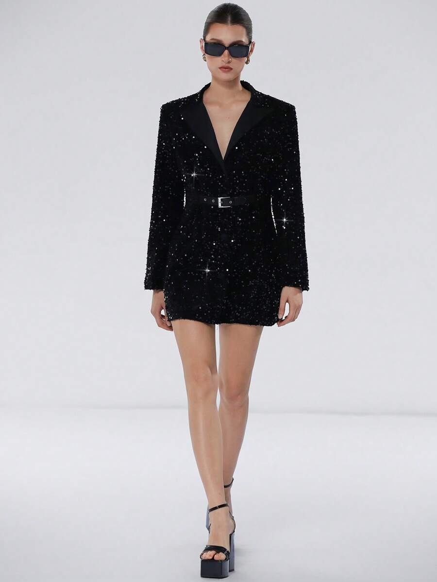 Aveloria Modichic Women's Elegant Waist Cinched Hybrid Material Patchwork Collar Cinched Waist Long Sleeve Sequins Velvet Party Dress Fall Cloth For Women