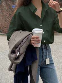 DAZY 女士休闲落肩宽松口袋长袖衬衫，春秋