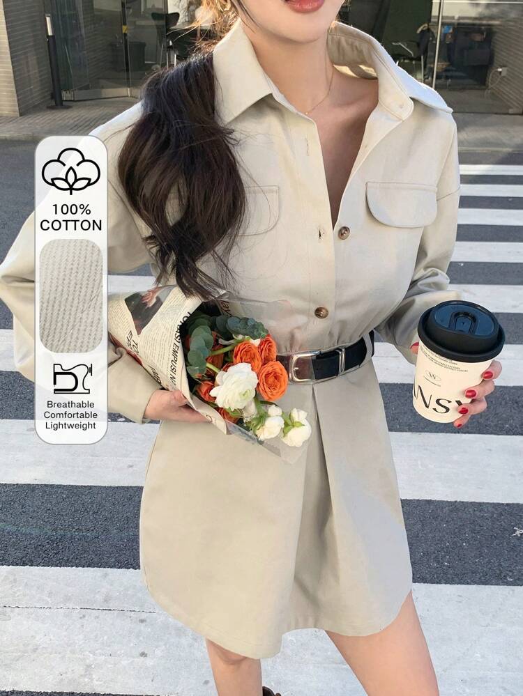 Cargo Pocket Decor Work Shirt Style Women Mini Dress,Fall Dress Long Sleeve Dress