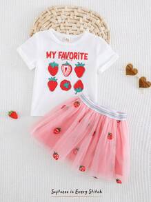 Cozy Pixies 两件套女婴草莓图案针织柔软圆领短袖上衣和网纱裙 - 粉色 - 查看 1