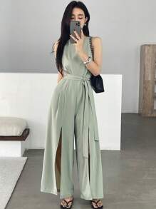 DAZY Solid Color Crew Neck Sleeveless Slit Women Jumpsuit - Green - View 8
