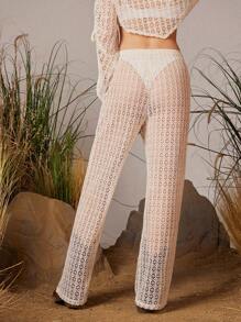 WESTFADE Pantalones transparentes con cintura de cordón en efecto crochet