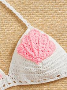 1set Women Colorblock Star & Shell Patched Knit Bikini Cover-Up, For Summer Beach Vacation - Multicolor - View 3