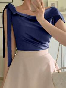 DAZY 女式闪亮蝴蝶结不对称肩部衬衫，返校服装 - 藏蓝色 - 查看 6