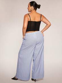 SHEIN BAE Pantalones casuales a rayas azules y blancas de talla grande con lazo, adecuados para uso diario, ir a trabajar, salir, citas, té de la tarde, vacaciones, primavera/verano - Azul y blanco - Ver 2