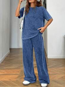 Muchica Plus Size Spring Summer Vintage Acid Wash Relaxed T-Shirt + Wide Leg Pants Loose 2 Pieces Set, Outfit Casual Sets For Women - Blue - View 7
