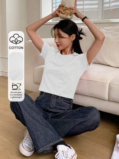 DAZY Women's Summer Solid Color Round Neck Short Sleeve Casual T-Shirt