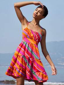 SHEIN Unity 2025 Spring/Summer Vacation Casual Elegant Romantic Versatile Rainbow Striped Contrast Color Print Waist Cinched Women Cami Dress - Multicolor - View 3