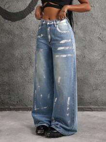 SHEIN ICON Women's Metallic Wide-Leg Jeans - Blue - View 4