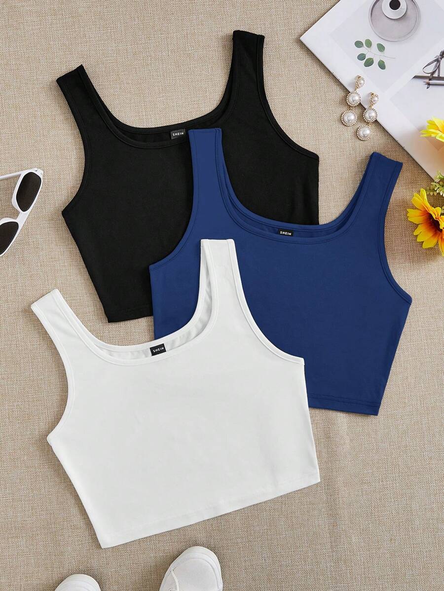 SHEIN EZwear 3件套黑色、藏青色、白色、灰色圆领露脐休闲修身背心,女士款,适合夏季穿着 - 彩色 - 查看 1