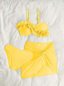 青少年女孩纯色分体泳衣套装，含胸罩上衣、三角泳裤和罩衫裙，青少年女童泳衣，小女孩服装，夏季小女孩泳衣，小女孩连体泳衣，小女孩泳衣夏季两件套