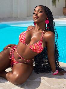 Slaydiva 女士大理石印花吊带系带性感比基尼两件套泳衣套装，夏季海滩 - 彩色 - 查看 6