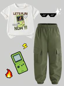 SHEIN Young Boy Solid Color Drawstring Cargo Pants And Round Neck Short Sleeve T-Shirt Set Summer Holiday - White - View 2