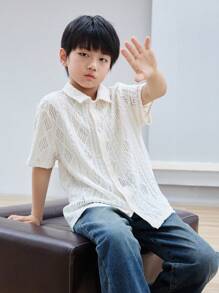 SHEIN 少年男童鬆身休閒提花短袖襯衫 - 白色 - 查看 7