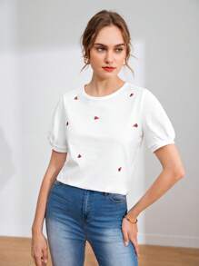 Muchica Puff Sleeve Embroidery Watermelon Tee - White - View 5