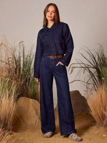 WESTFADE Collared Button Front Patch Pockets Cropped Long Sleeve Denim Jacket