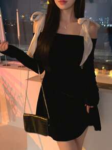 DAZY Women's Splice & Color-Block Velvet Off Shoulder Camisole Bow Detail Mini Dress Fall,Winter