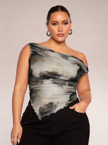 SHEIN BAE Damen Große Größen Leoparden-Muster Asymmetrischer Saum Offene Schulter Rüschen Locker Oberteil, geeignet für Lässig, Pendeln, Ausgehen, Date, Nachmittagstee, Urlaub