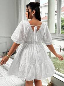 Flirla Fashion Woven Embroidered V-Neck Ruffle Sleeve Cinched Waist Dress - White - View 3