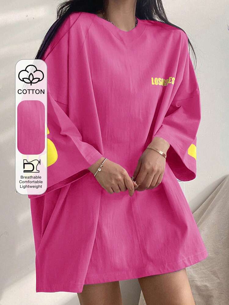 Women's Summer Casual Loose Fit T-Shirt With Letter Print, Round Neckline And Drop Shoulder Sleeves Oversized T-Shirt