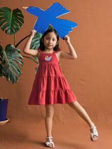 SHEIN Váy mùa hè 100% cotton họa tiết chim cho bé gái - Nhiều màu - Xem 5