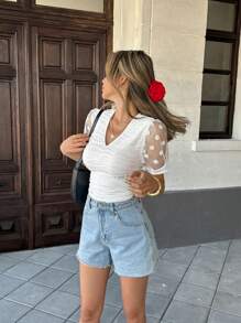 Chiquease Women Sexy V-Neck White Mesh Lace Patchwork Asymmetrical Stripe Slim Fit T-Shirt - White - View 3