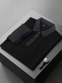Manfinity Homme Men's Casual Striped Patchwork Short Sleeve Polo Shirt, Formal - Black - View 2