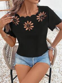 Breezaya 女士时尚激光切割边缘圆领短袖休闲衬衫 - 黑色 - 查看 5