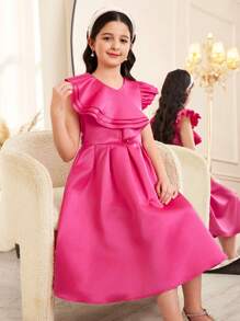 Tween Girls' Elegant Vintage Palace Style Layered Ruffle V-Neck Dress, Ramadan - Hot Pink - View 3