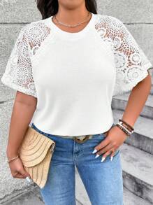 SHEIN LUNE Plus Size Women Round Neck Water Soluble Lace Patchwork Raglan Sleeve T-Shirt - White - View 4