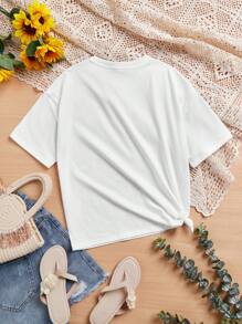 SHEIN Camiseta de manga corta y hombros caídos, corte informal, con diseño de lazo y encaje retro coreano, adecuada para niñas preadolescentes en verano