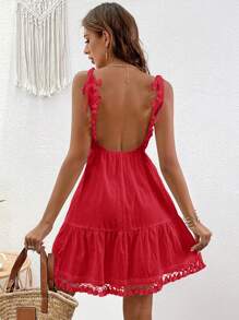 SHEIN VCAY Tie Shoulder Tassel Trim Ruffle Hem Cami Boho Summer Dress - Red - View 2