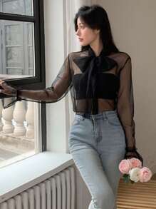 DAZY Women's Sheer Mesh Blouse With Front Tie-Up Going Out Tops,Ruffle Long Sleeve Top - Black - View 6