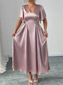 Elenzga Plus Size Women V-Neck Ruffle Sleeve Satin Reversible Dress - Champagne - View 4