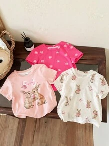 SHEIN 3pcs Baby Girl Cute Bow & Rabbit Print Retro Style Round Neck Short Sleeve T-Shirts, Casual & Minimalist, Suitable For Spring/Summer - Multicolor - View 3