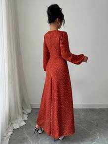 Mulvari Vestido largo de estilo árabe de manga larga y cuello en V simple para mujer