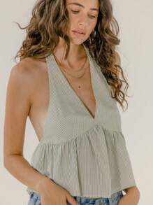 Aralina Striped Halter Neck Flowy Feminine Cute Summer Vacation Top - Green - View 5