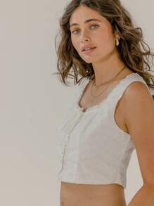 Aralina 可爱孔眼刺绣波西米亚风纽扣前蝴蝶结夏季荷叶边饰边上衣 - 白色 - 查看 6