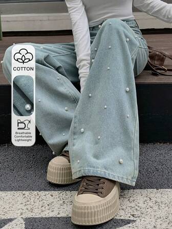 FRIFUL جينز نسائي واسع الساق مزين باللؤلؤ ممزق بشكل عرضي، ملابس عودة إلى المدرسة