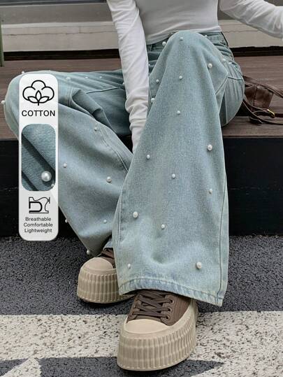 FRIFUL Jeans de pierna ancha con decoración de perlas desgastadas de estilo casual para mujer, ropa de vuelta al colegio