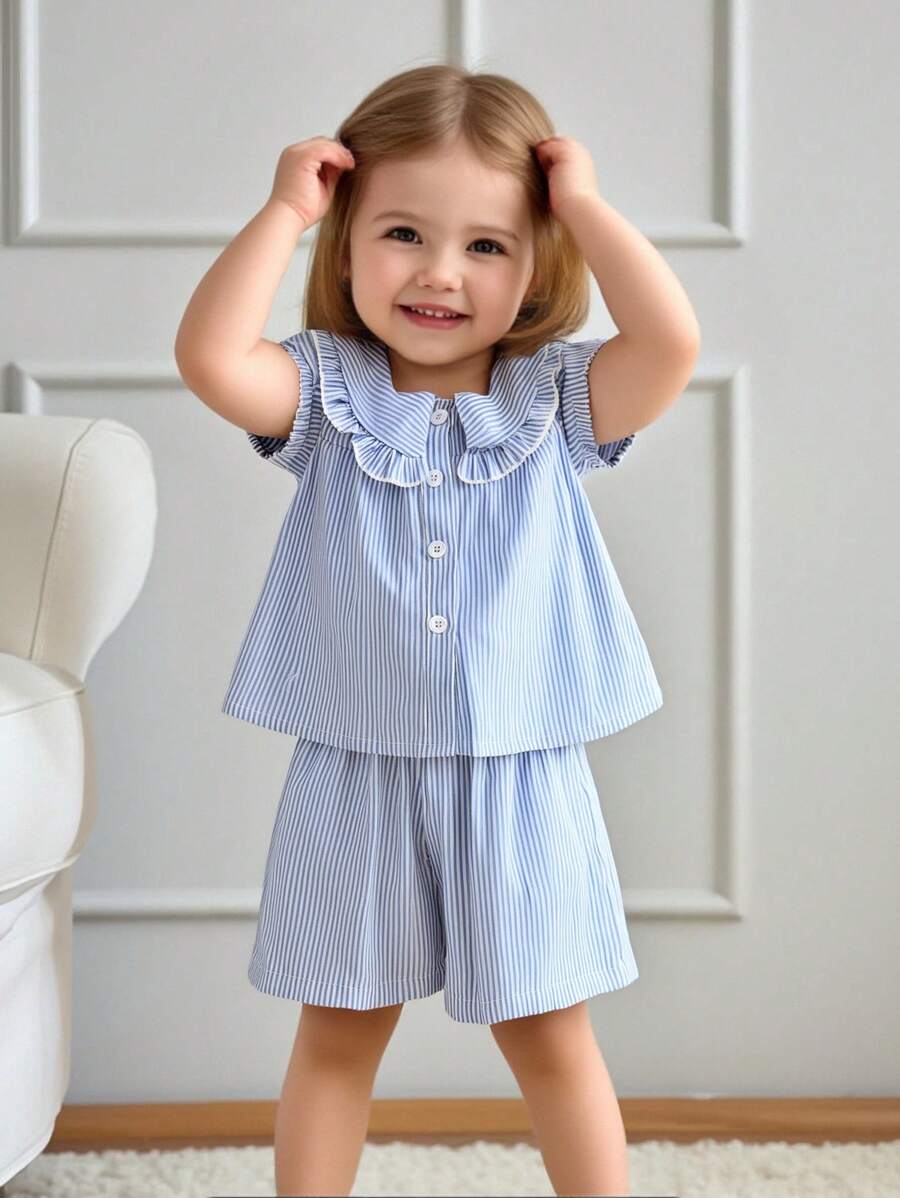 SHEIN 女宝宝荷叶边领条纹短袖上衣和短裤 2 件套 - 藍色 - 查看 1