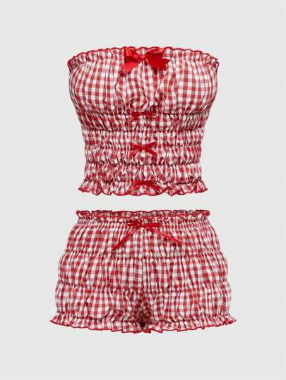 Kawaii Vintage Sweet Floral Print Strapless Top And Plaid Shorts 2 Pieces Set, For Spring/Summer