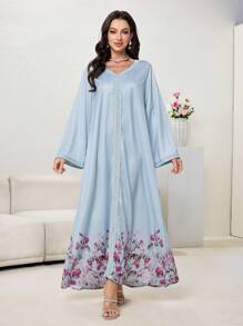 Al Najma Vestido modesto de estilo árabe con impresión floral, patchwork y cuello en V de manga larga con cinta