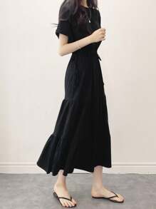 DAZY Solid Drawstring Waist Layered Hem Dress,Ladies Casual Drawstring,Ruffle Hem Short Sleeve Round Neck Regular Fit Long Black Roll Up Sleeve Plain A Line Women Long Dresses,Spring/Summer,Casual Daily Wear Sundress